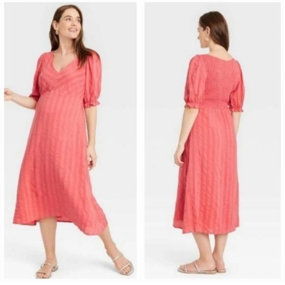 Nines by hutch coral pink stripes midi dress size small vneck smocked back